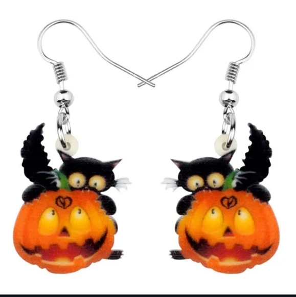 Jewelry - 2XHP!! NWT Adorable Halloween Spooky Black Cats & Pumpkins Resin Earrings!